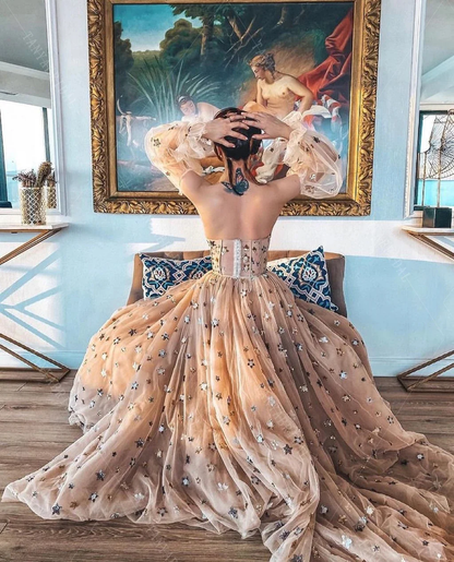 Elegant A Line Sweetheart Bubble Sleeves Tulle Prom Dresses With Stars, Formal Dresses SH565