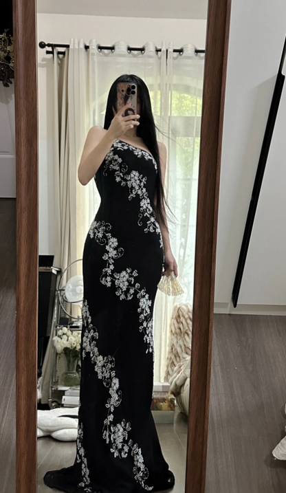 Classy One Shoulder Black Chiffon Beaded Mermaid Long Party Dress Evening Gown D2304