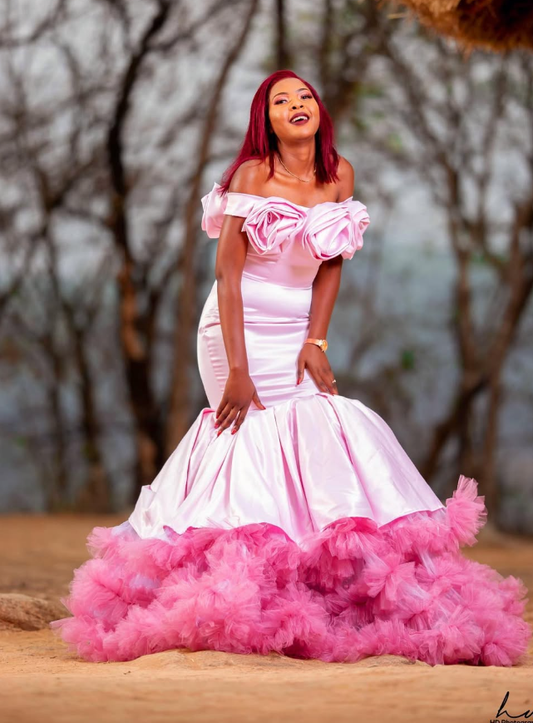 Charming Mermaid Off the Shoulder 3D Flower Pink Satin Tulle Prom Dress Evening Dress SH2335