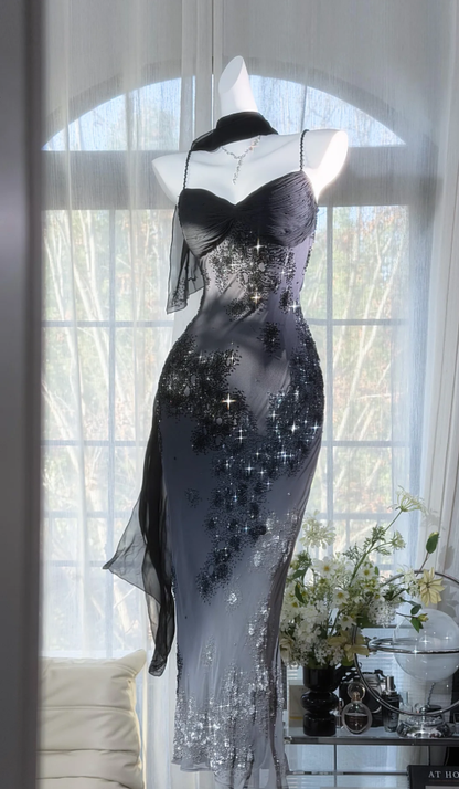 Pretty Spaghetti Straps Black Chiffon Beaded Mermaid Evening Dress Long Birthday Prom Gowns With Ribbon D2380