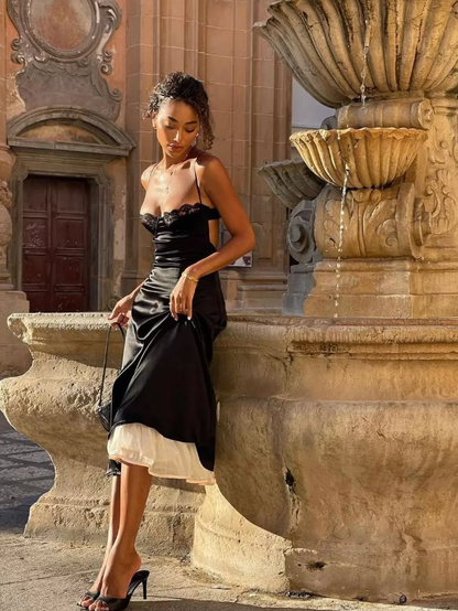 Sexy A Line Spaghetti Strap Lace Black Satin Open Back Prom Dress Evening Dress SH2279