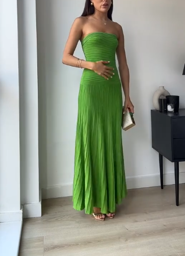 Sexy Green Strapless Satin Pleated Mermaid Long Wedding Guest Dress Birthday Prom Dress D1629