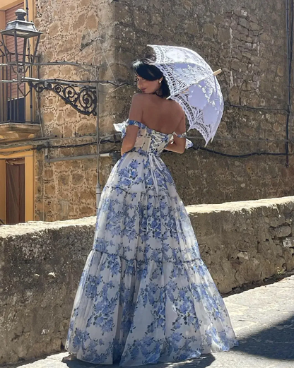 Elegant Floral Print Chiffon Long Prom Dresses Evening Dresses SH675