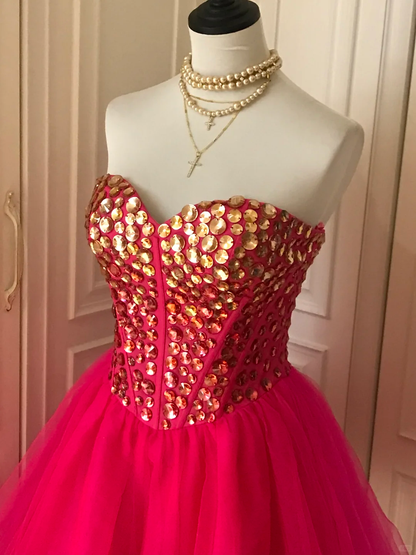 Gorgeous Strapless Red Tulle Beaded Formal Birthday Outfits Homecoming Dress S543