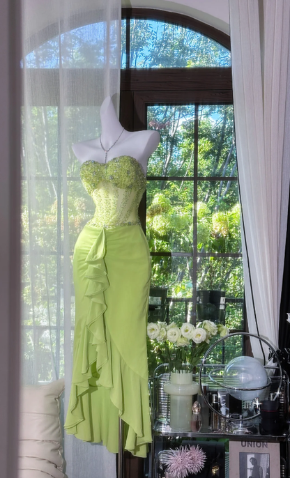 Classy Strapless Green Chiffon Beaded Ruffles Mermaid Evening Dress Long Wedding Guest Dress Party Gown D2099