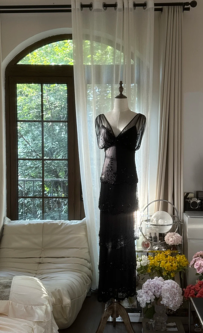 Charming Sheath V Neck Layered Beaded Black Chiffon Party Dress Evening Dress SH2964