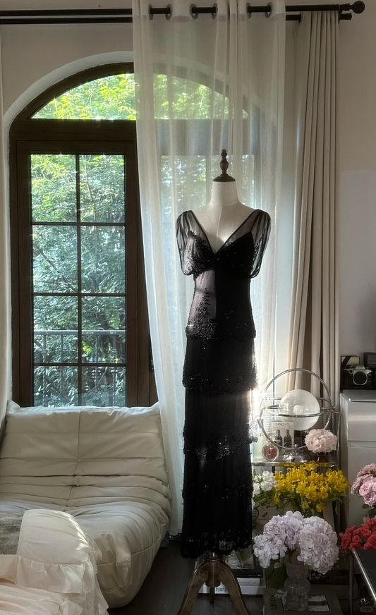 Charming Sheath V Neck Layered Beaded Black Chiffon Party Dress Evening Dress SH2964