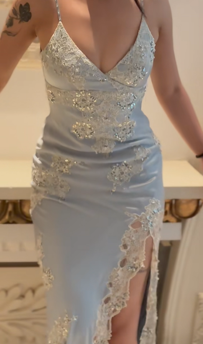 Vintage Sheath Spaghetti Strap Lace Baby Blue Satin Party Dress Evening Dress with Slit SH3346