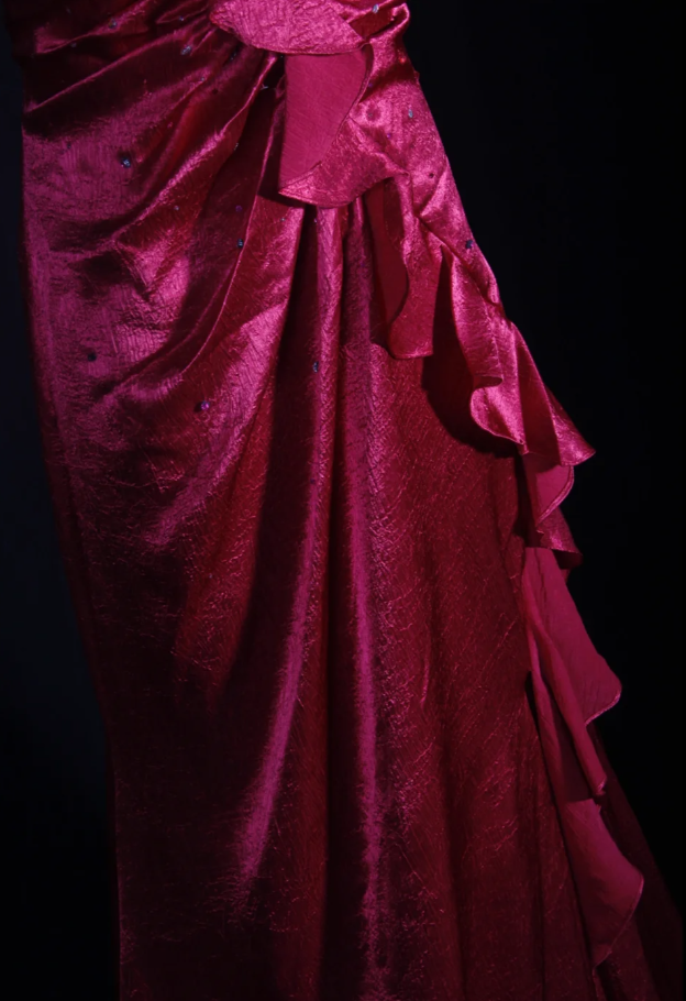 Stylish Hot Pink Satin V Neck Mermaid Evening Dress Backless Long Party Gown With Beads D2254