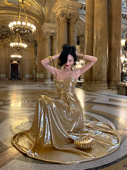 Shiny Golden A Line Sweetheart Neck Satin Long Prom Dress Evening Dress SH4333