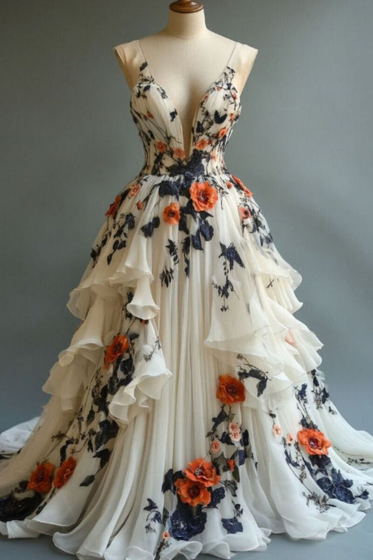 __Fairytale A-line Wedding Dress __Chiffon 3D Applique Evening Dress ED01337