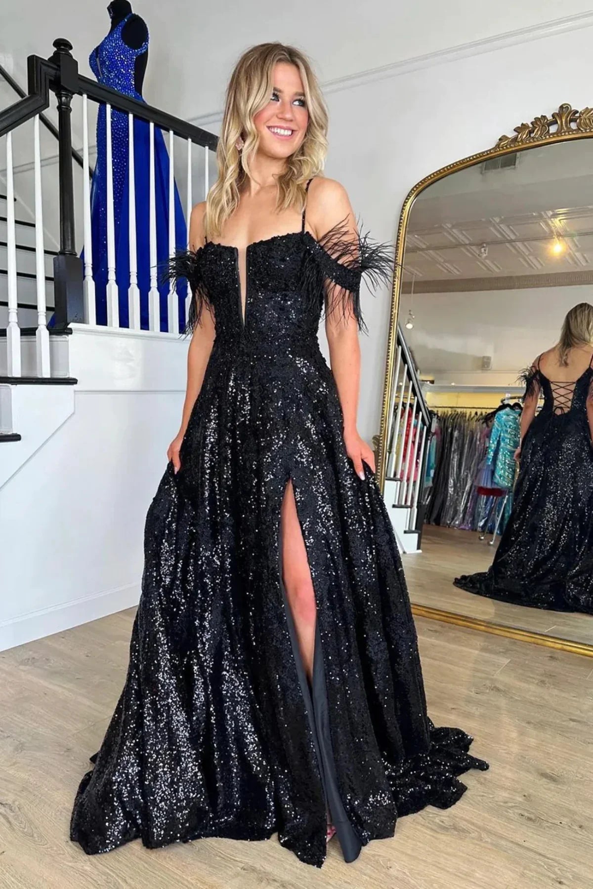 Feather Off-Shoulder A-Line Empire Sparkly Party Prom Dress