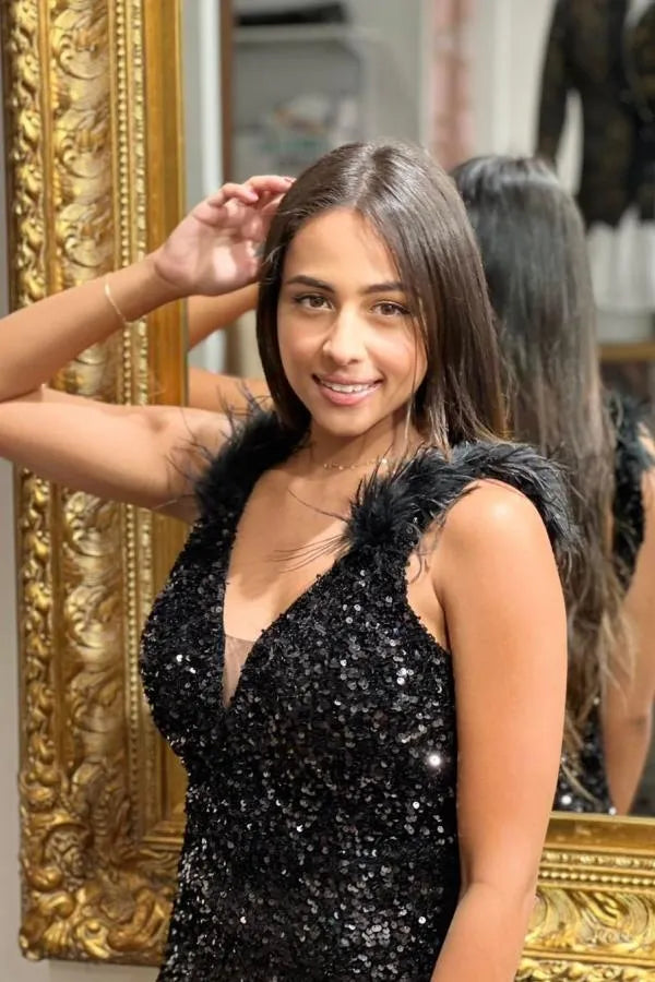 Feather Spaghetti Straps Sheath Sequins Party Prom Dress