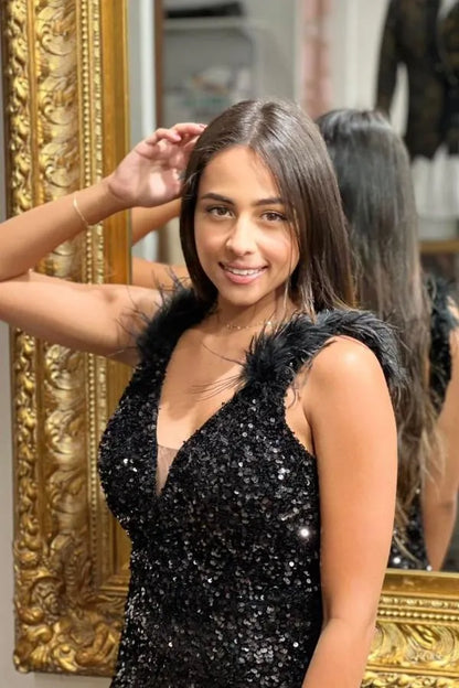 Feather Spaghetti Straps Sheath Sequins Party Prom Dress