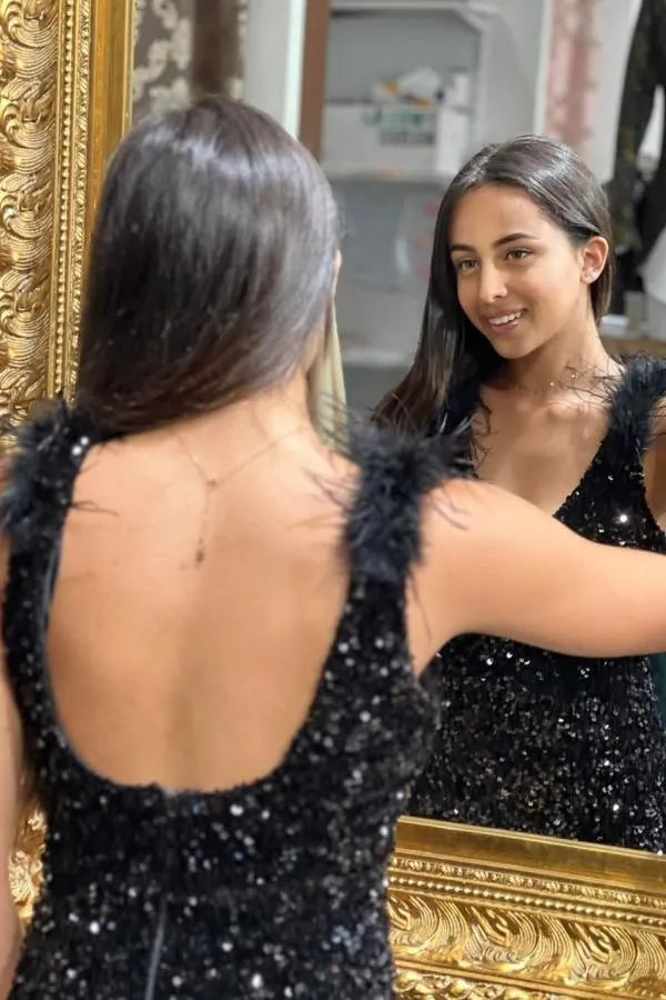 Feather Spaghetti Straps Sheath Sequins Party Prom Dress