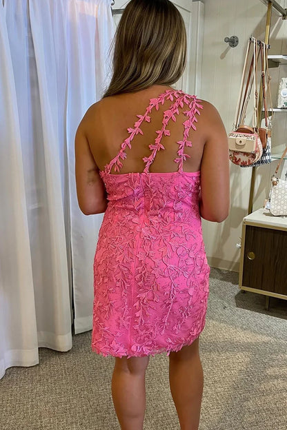 Fitted One Shoulder Sleeveless Lace Party Homecoming Party Dress