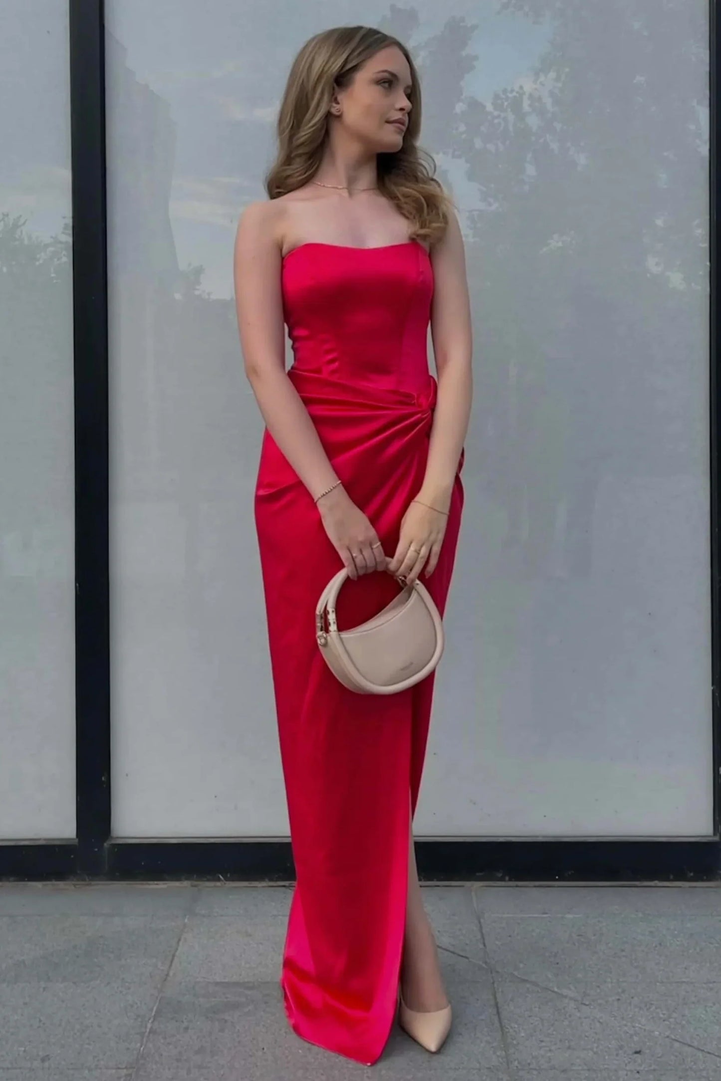 Fitted Satin Bateau Strapless Party Prom Dress With Leg Slit
