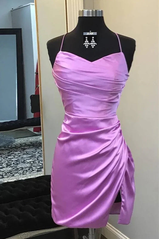 Fitted Satin V-Neck Lace Up Pleated Empire Homecoming Dress