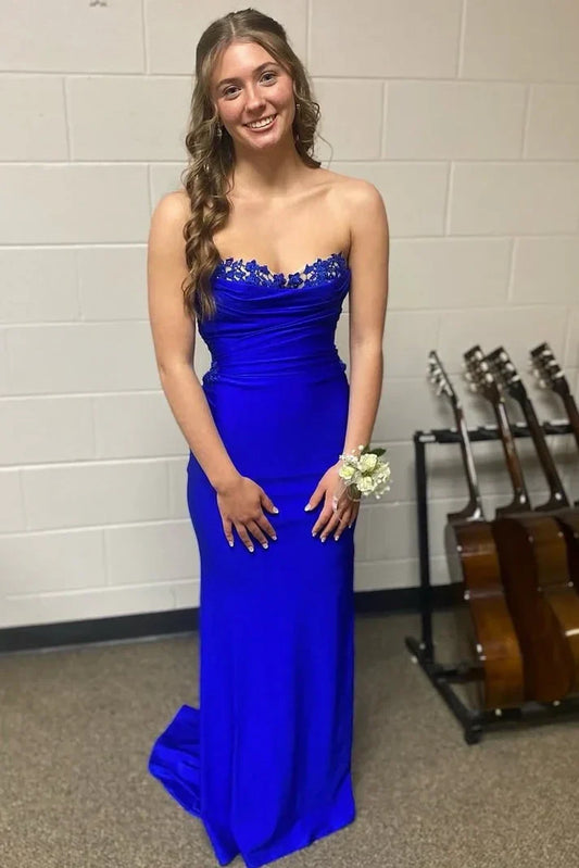 Fitted Strapless Satin Empire Long Party Prom Dress