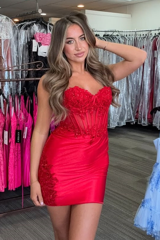 Fitted Sweetheart Sleeveless Satin Homecoming Dress With Lace Appliques