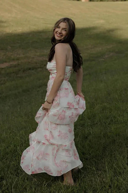Floral Appliques Sweetheart Strapless Chiffon A-Line Party Prom Dress