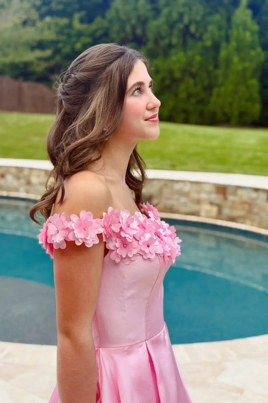 Florals Off-Shoulder Satin A-Line Long Party Prom Dress