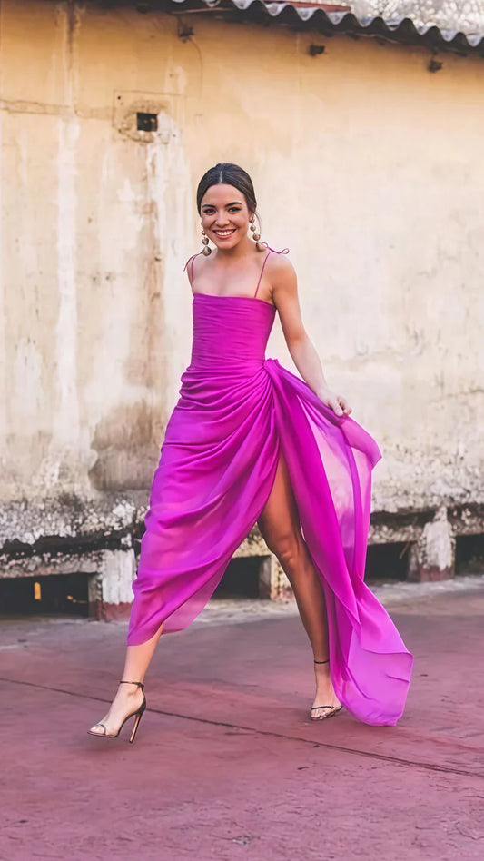 Charming Sheath Spaghetti Strap Hot Pink Chiffon Long Prom Dress Evening Dress SH2014