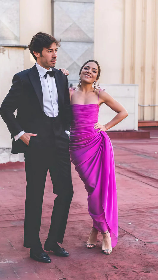 Charming Sheath Spaghetti Strap Hot Pink Chiffon Long Prom Dress Evening Dress SH2014