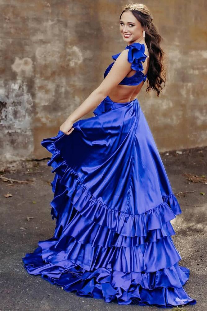Fuchsia Crossed Top Ruffled Layers Long Prom Dress with Slit