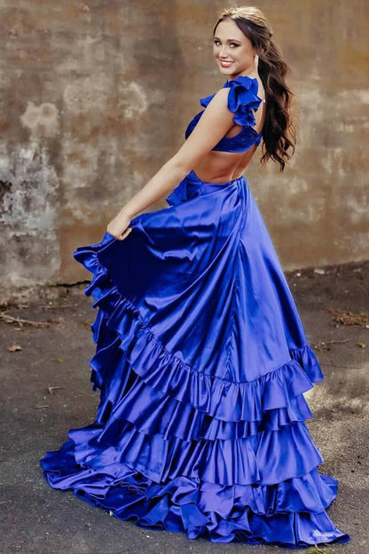 Fuchsia Crossed Top Ruffled Layers Long Prom Dress with Slit