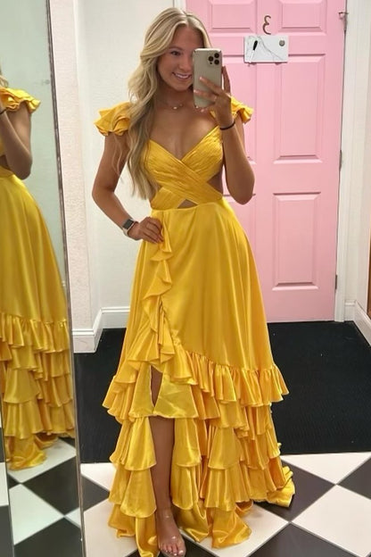 Fuchsia Crossed Top Ruffled Layers Long Prom Dress with Slit