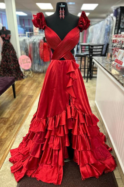 Fuchsia Crossed Top Ruffled Layers Long Prom Dress with Slit