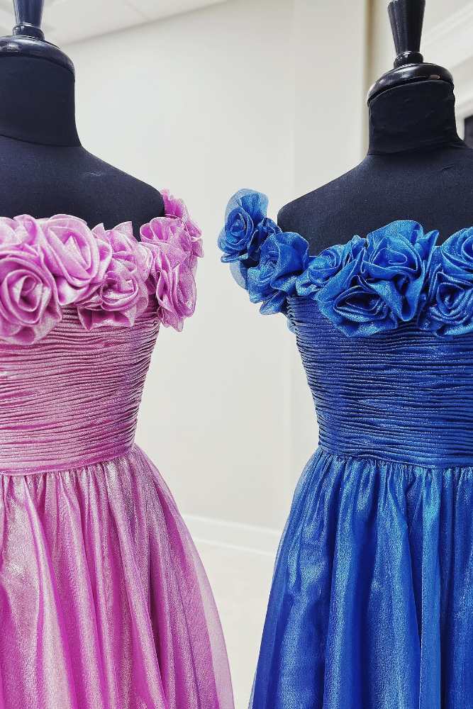 Fuchsia Off the Shoulder 3D Floral A-Line Long Prom Dress