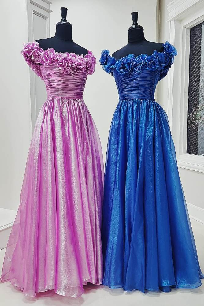 Fuchsia Off the Shoulder 3D Floral A-Line Long Prom Dress