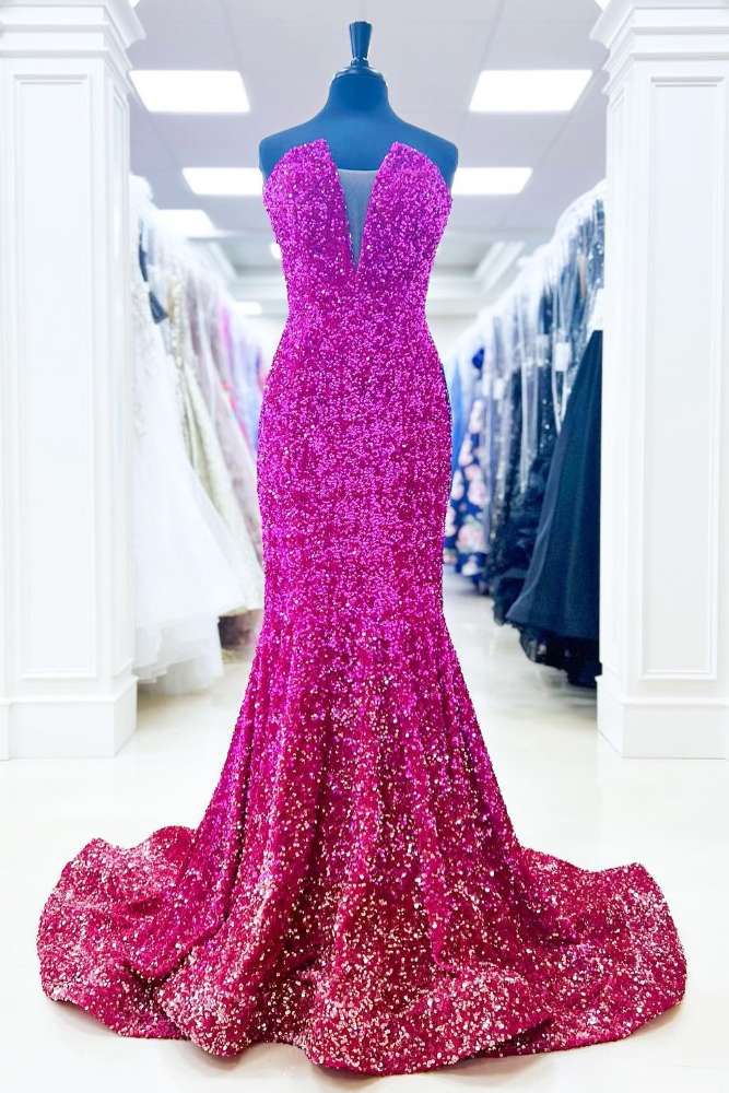 Fuchsia Strapless V-Neck Sequin Mermaid Long Prom Dress