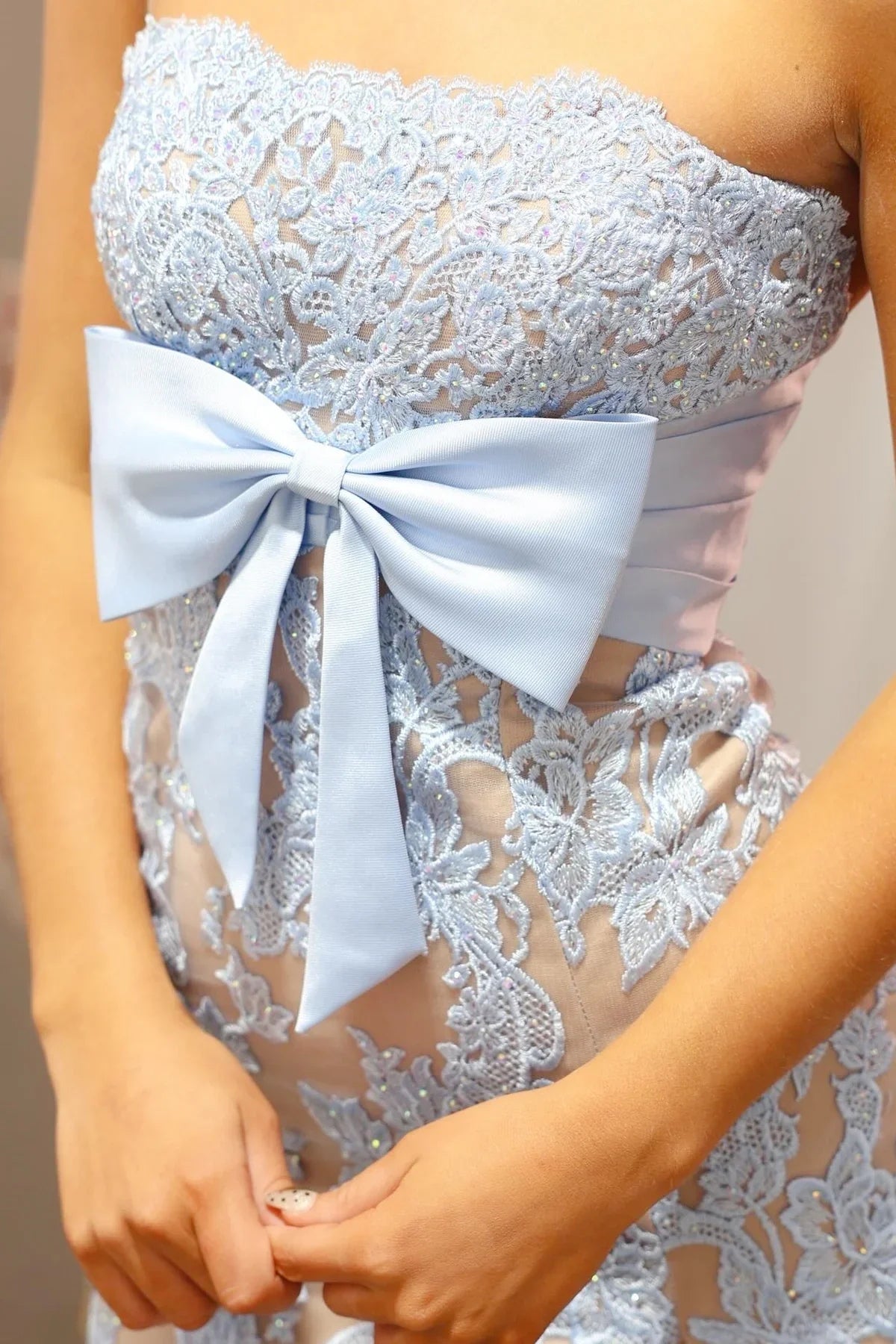 Fully Lace Mermaid Strapless Party Prom Dress With Leg Slit