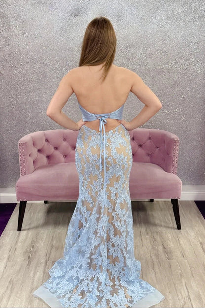 Fully Lace Mermaid Strapless Party Prom Dress With Leg Slit