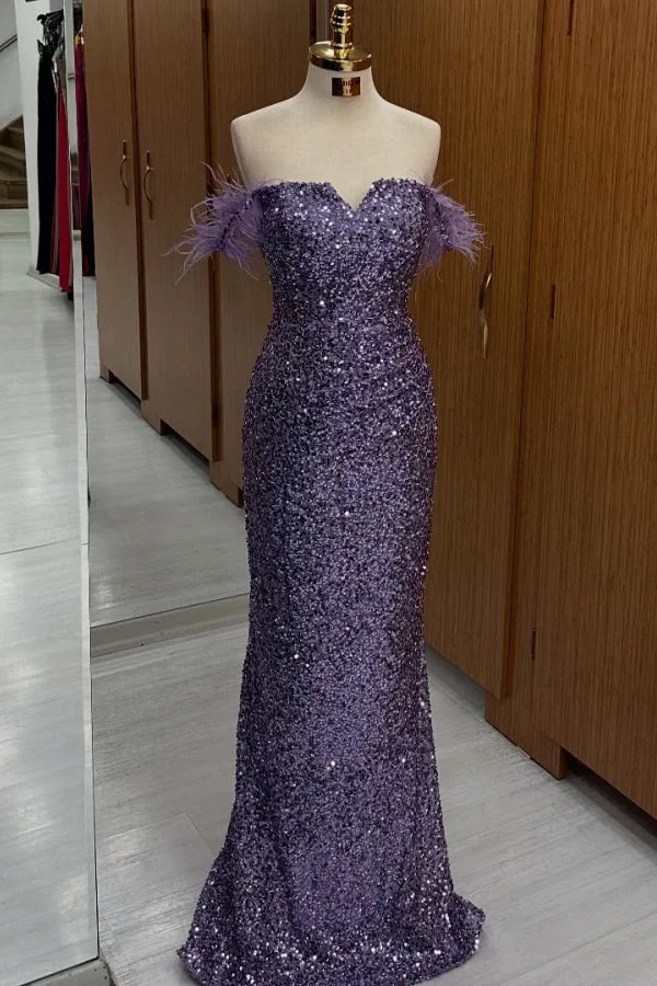 Fully Sequin Mermaid Empire Long Prom Dress With Feather Straps