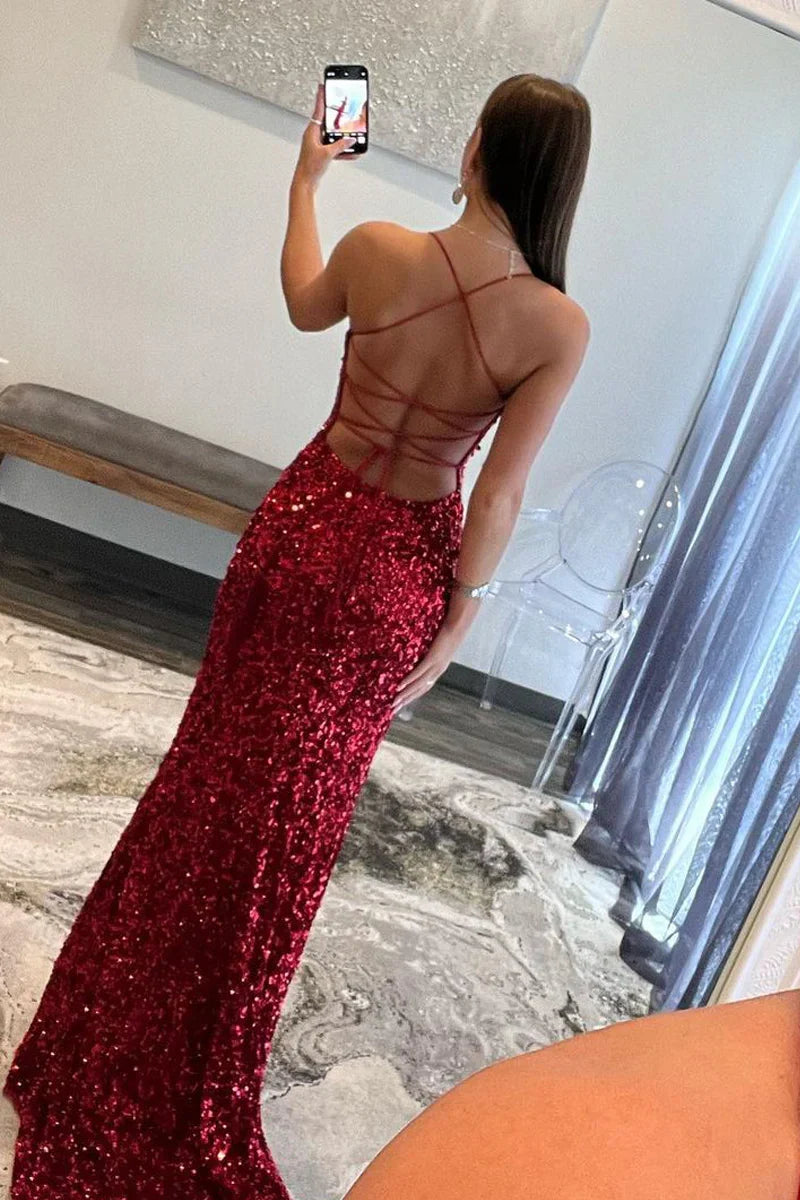 Fully Sequins Bateau Lace Up Mermaid Party Prom Dress