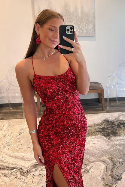 Fully Sequins Bateau Lace Up Mermaid Party Prom Dress