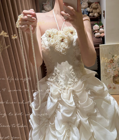White A Line Halter Floral Beaded Pleated Organza Prom Dresses 18th Birthday Dresses SH4639