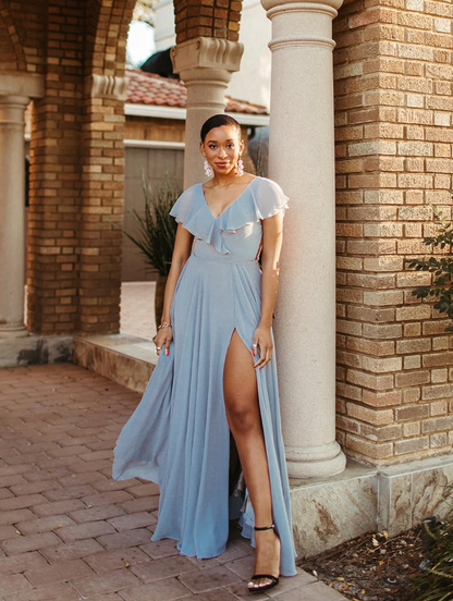 Gentle A Line Ruffle Blue Chiffon Evening Dress Bridesmaid Dress with Slit SH2703