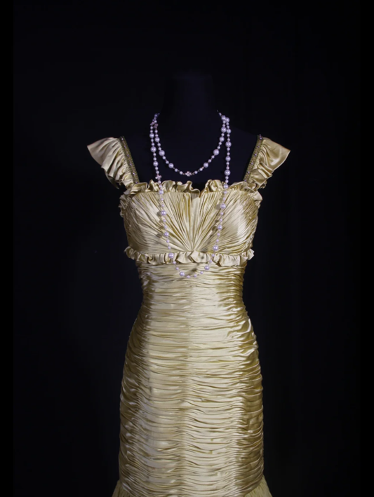 Chic Yellow-Green Satin Pleated Mermaid Long Party Dress Evening Gown  D2255