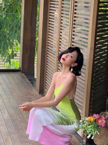 Pink Green Ombre Sheath One Shoulder Satin Long Prom Dress Evening Dress SH4339