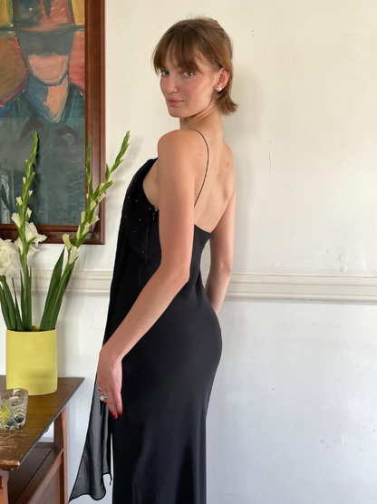 Sexy Sheath Spaghetti Strap Beaded Black Chiffon   Long Prom Dress Prom Dress SH2650
