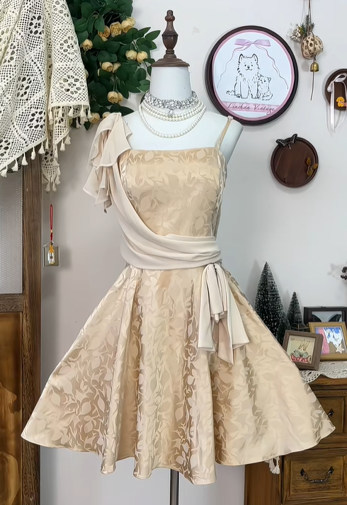 Vintage Satin Print Floral A Line Mini Party Dress Spaghetti Straps Champagne Homecoming Dress  S335