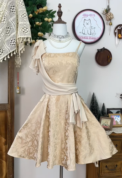 Vintage Satin Print Floral A Line Mini Party Dress Spaghetti Straps Champagne Homecoming Dress  S335
