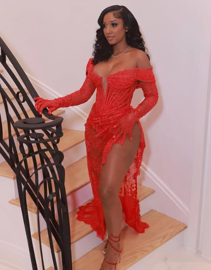 Sexy Lace Slit Mermaid Prom Dress Red Evening Dress SH986