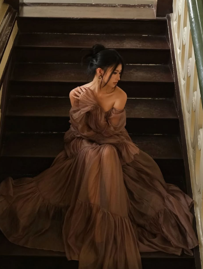 Charming Brown A Line Long Sleeve Satin Long Prom Dress Evening Dress SH2114