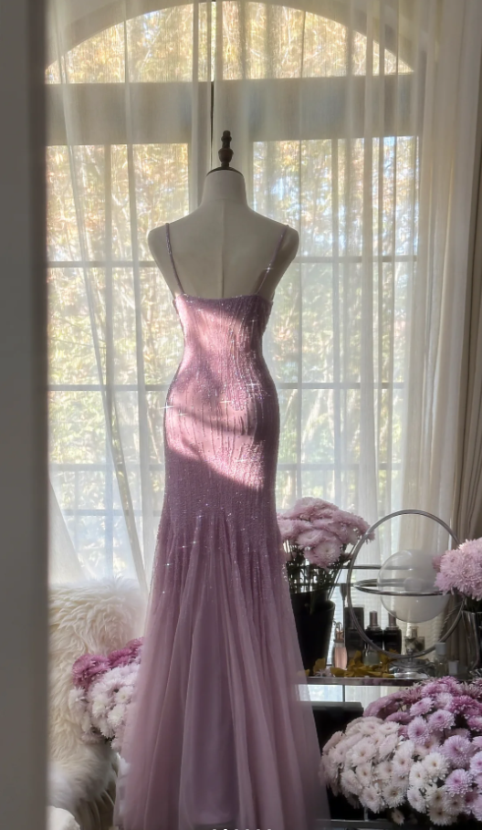 Elegant Spaghetti Straps Purple Chiffon Beaded Mermaid Long Party Dress Evening Gown D2105